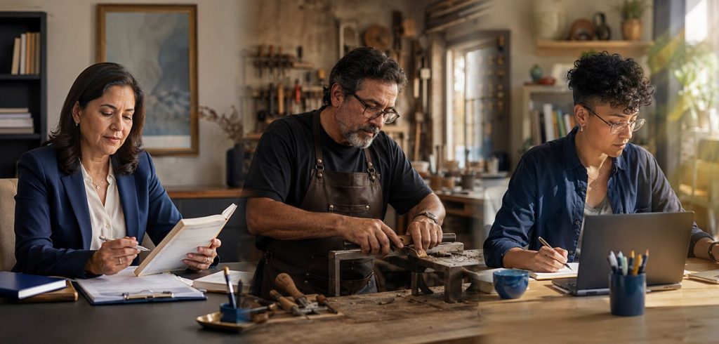 Tres profesionales independientes aplicando su experiencia en distintos espacios de trabajo.